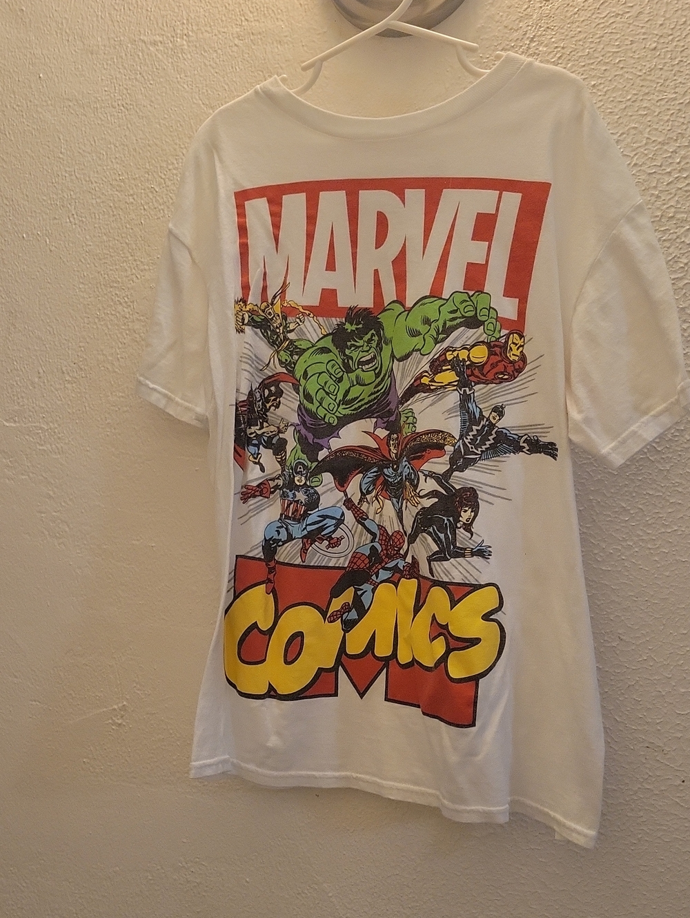 Marvel White Tee with Red Logo and Multicolor Comic Art Youth Small